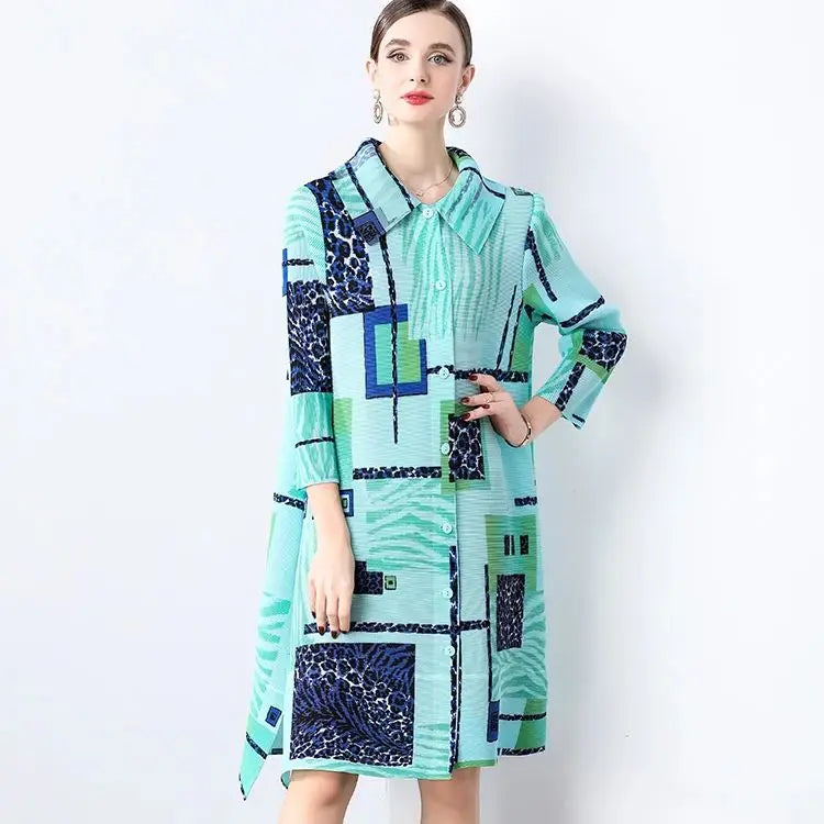 Abstract Print Plissé Shirt Dress