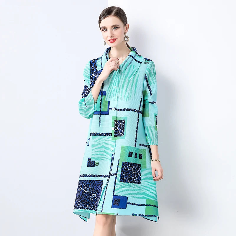 Abstract Print Plissé Shirt Dress