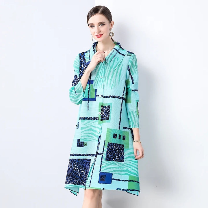 Abstract Print Plissé Shirt Dress