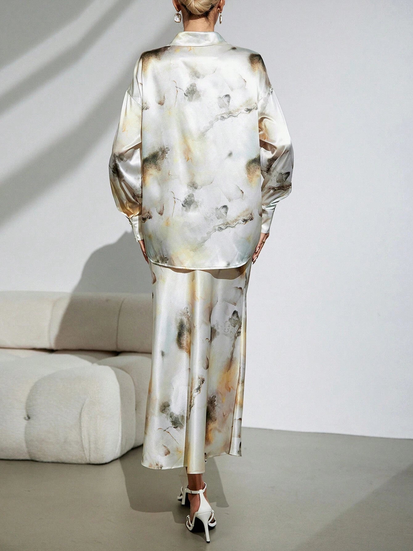 Abstract Print Satin Shirt Skirt Set