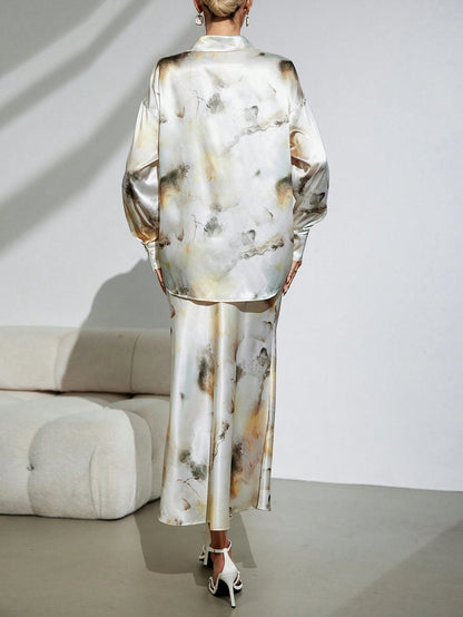 Abstract Print Satin Shirt Skirt Set