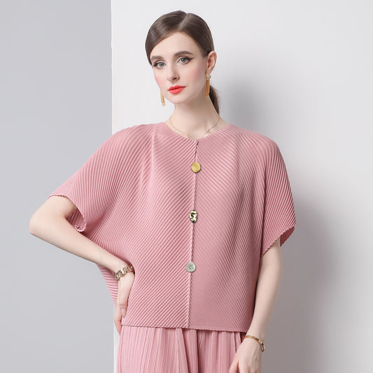 Artistic Button Plissé Short Sleeve Blouse