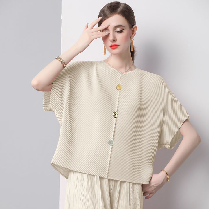 Artistic Button Plissé Short Sleeve Blouse