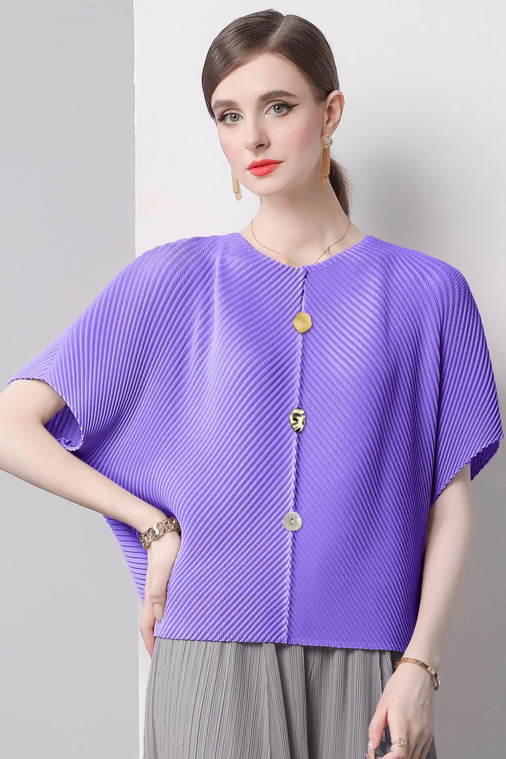 Artistic Button Plissé Short Sleeve Blouse