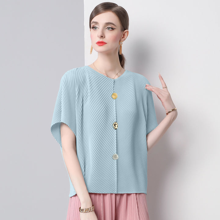 Artistic Button Plissé Short Sleeve Blouse