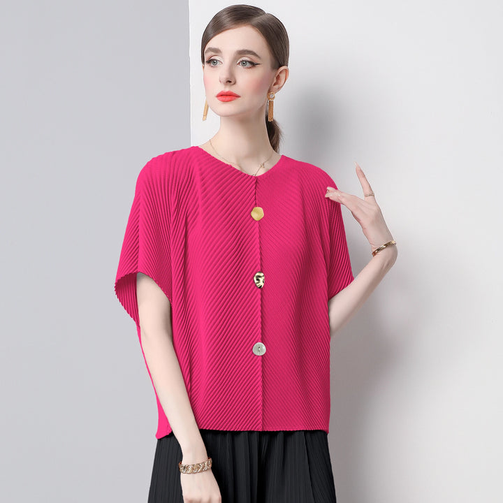 Artistic Button Plissé Short Sleeve Blouse