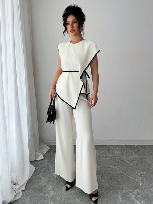 Asymmetrical Contrast Trim Pant Set