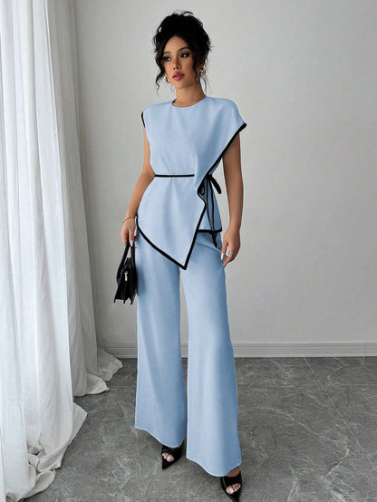 Asymmetrical Contrast Trim Pant Set