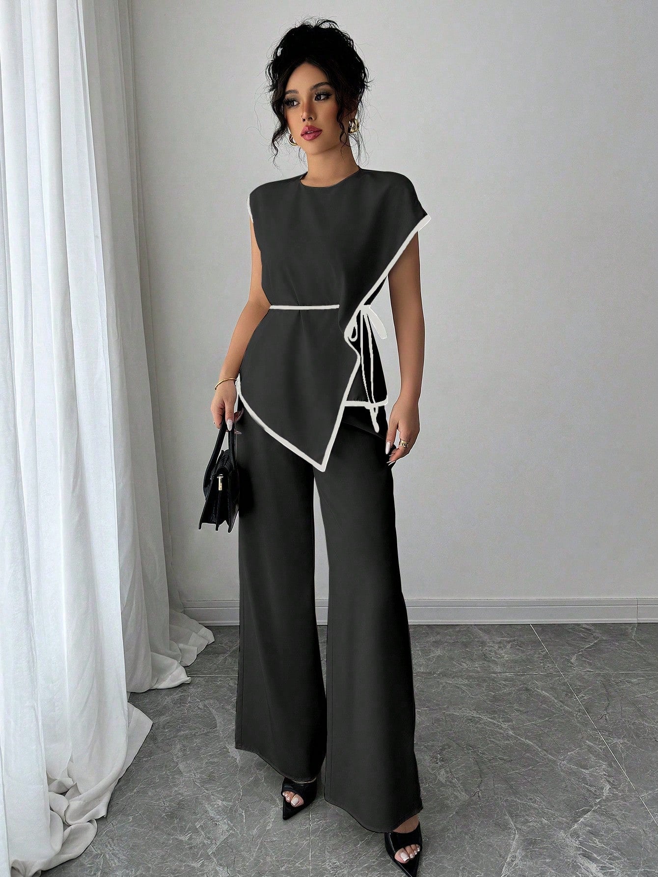 Asymmetrical Contrast Trim Pant Set