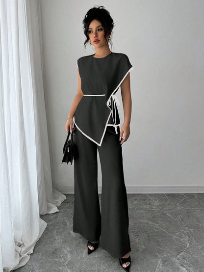 Asymmetrical Contrast Trim Pant Set