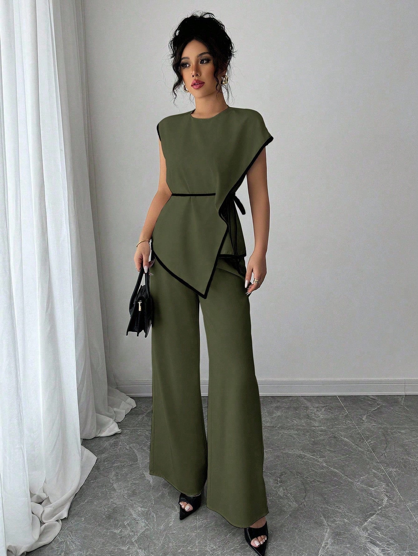 Asymmetrical Contrast Trim Pant Set