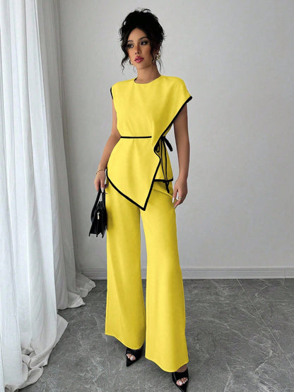 Asymmetrical Contrast Trim Pant Set