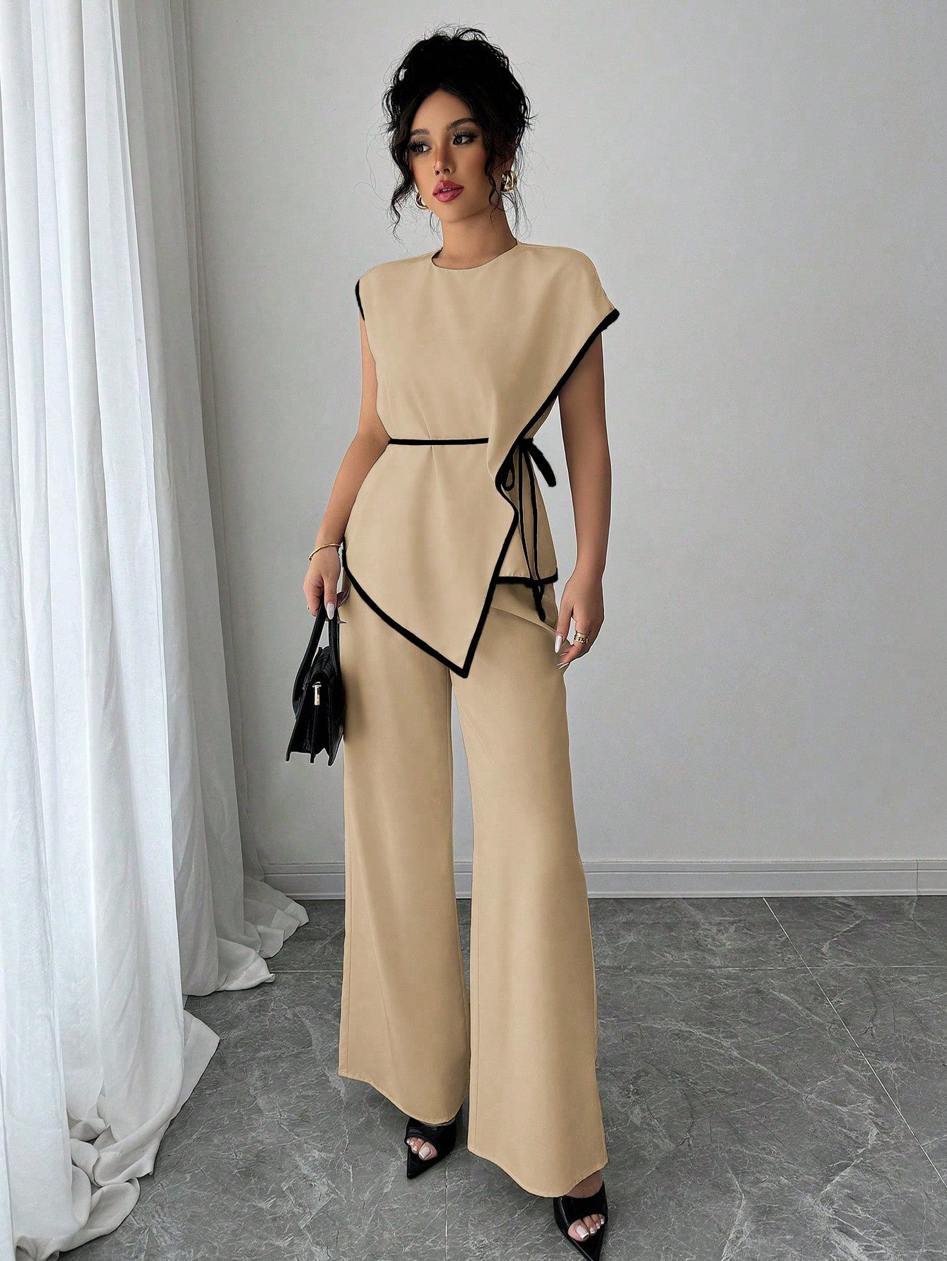 Asymmetrical Contrast Trim Pant Set