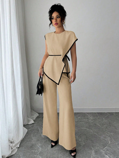 Asymmetrical Contrast Trim Pant Set