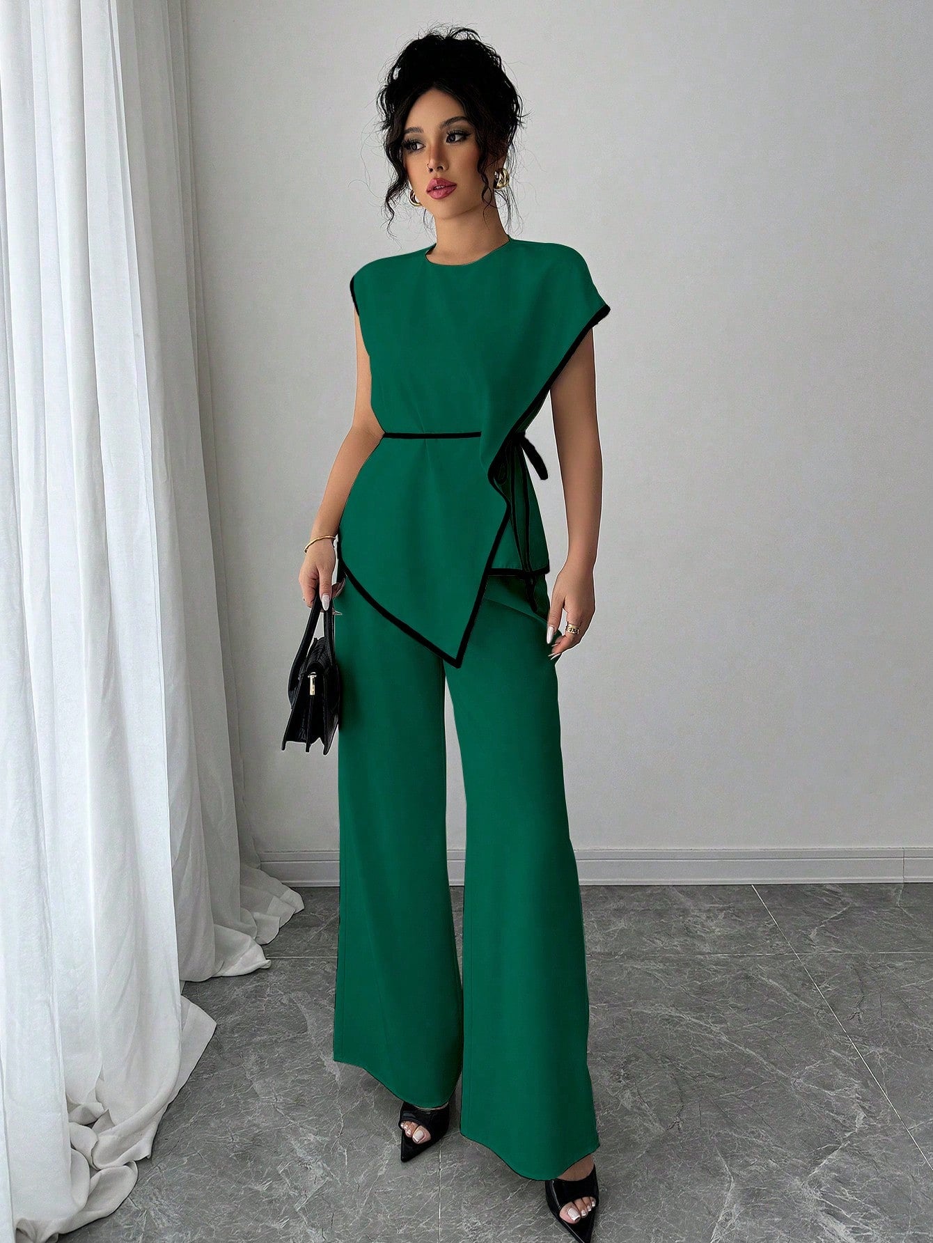 Asymmetrical Contrast Trim Pant Set