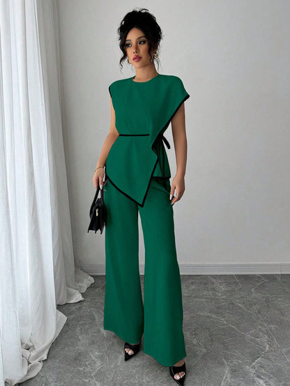 Asymmetrical Contrast Trim Pant Set