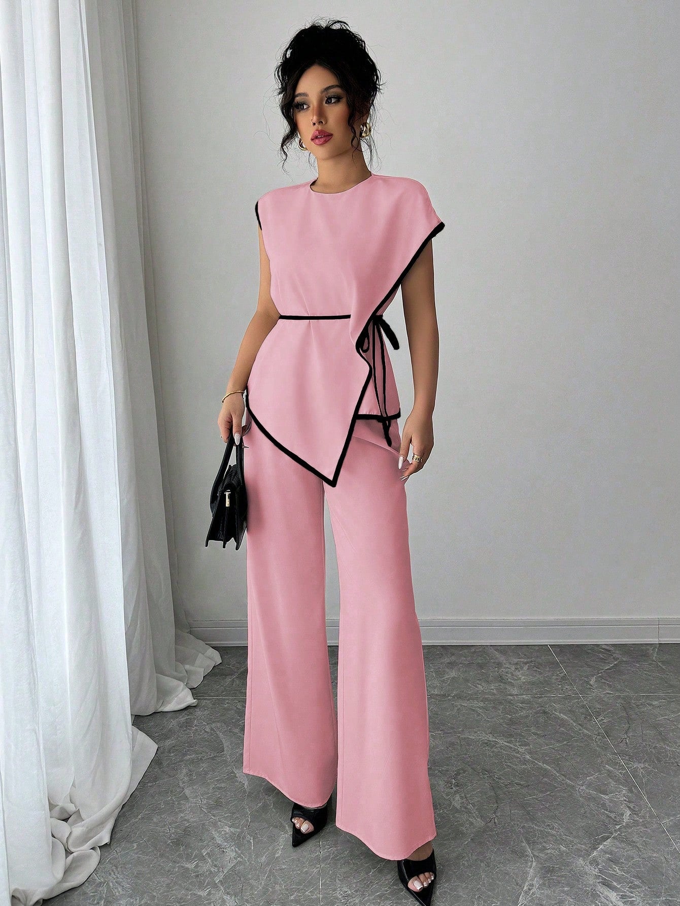 Asymmetrical Contrast Trim Pant Set