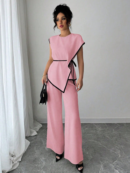 Asymmetrical Contrast Trim Pant Set