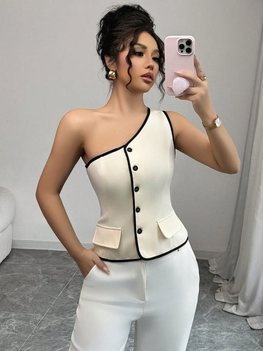 Asymmetrical Contrast Trim Waistcoat Top