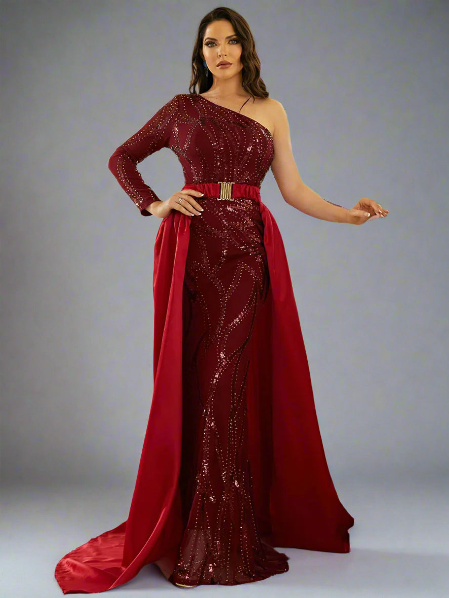 Asymmetrical Sequin Overskirt Gown