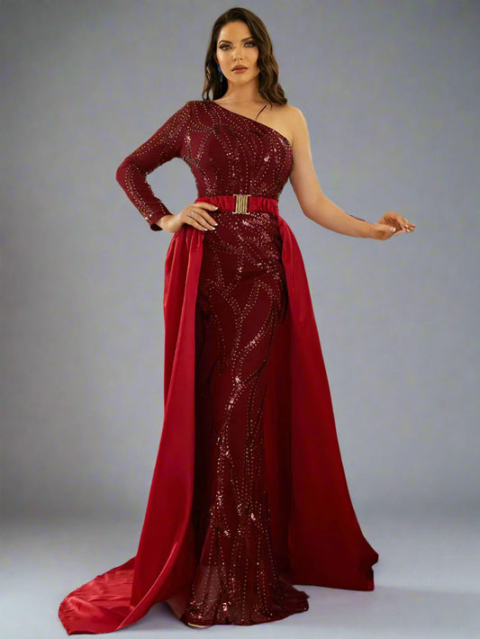Asymmetrical Sequin Overskirt Gown