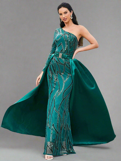Asymmetrical Sequin Overskirt Gown