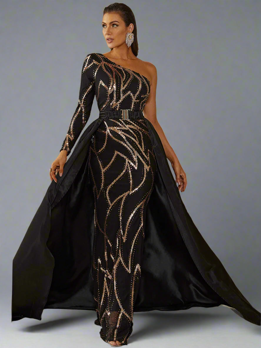 Asymmetrical Sequin Overskirt Gown
