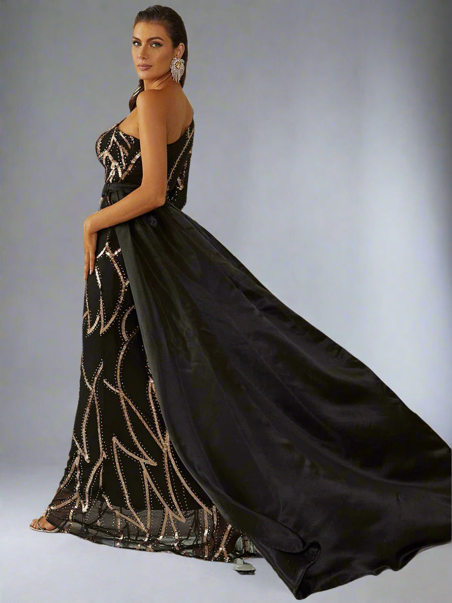Asymmetrical Sequin Overskirt Gown