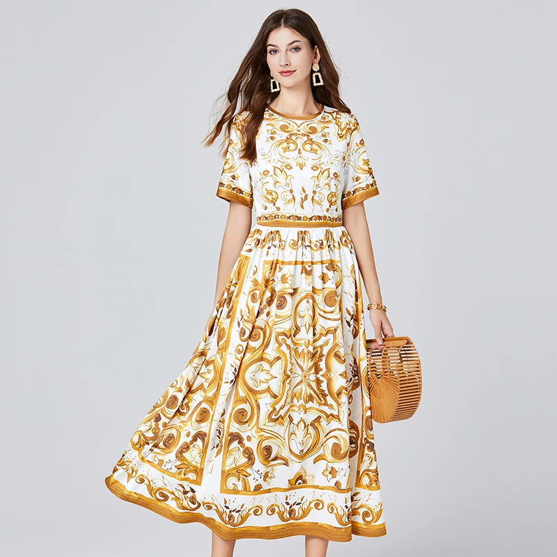 Baroque Print Short Sleeve Midi Dress