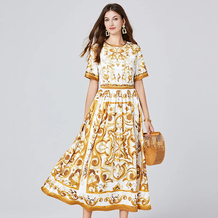 Baroque Print Short Sleeve Midi Dress