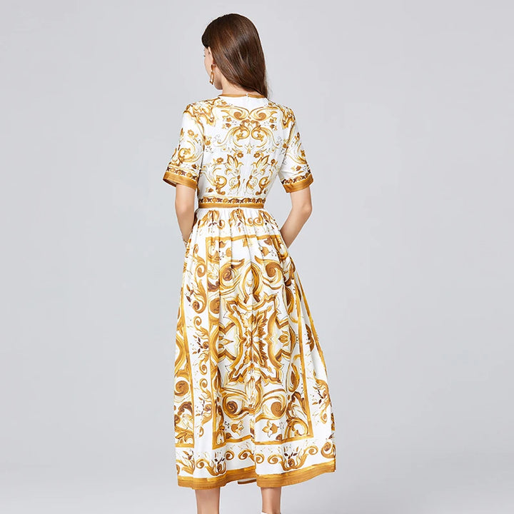 Baroque Print Short Sleeve Midi Dress