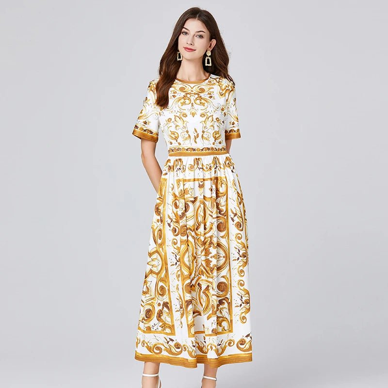 Baroque Print Short Sleeve Midi Dress