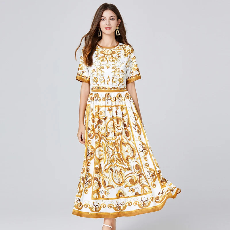 Baroque Print Short Sleeve Midi Dress