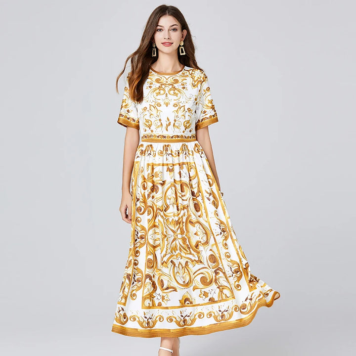Baroque Print Short Sleeve Midi Dress