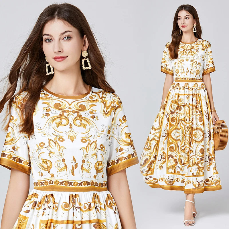 Baroque Print Short Sleeve Midi Dress