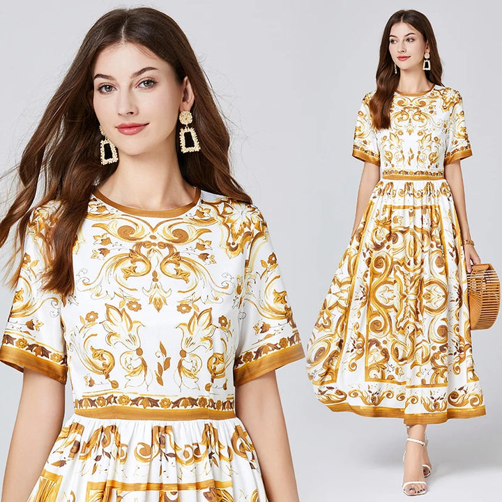 Baroque Print Short Sleeve Midi Dress