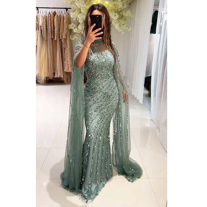 Beaded Cape Sleeve Evening Gown