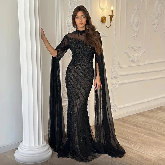 Beaded Cape Sleeve Evening Gown