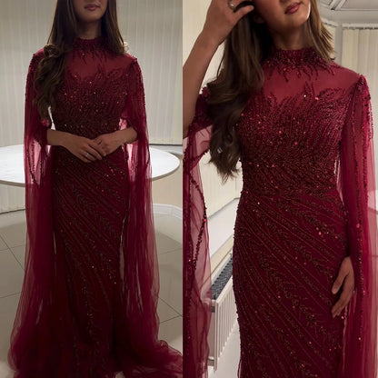 Beaded Cape Sleeve Evening Gown