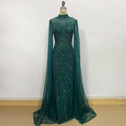 Beaded Cape Sleeve Evening Gown