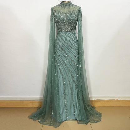 Beaded Cape Sleeve Evening Gown