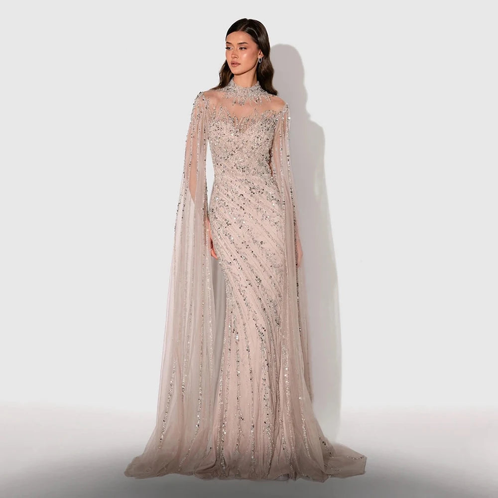 Beaded Cape Sleeve Evening Gown