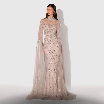 Beaded Cape Sleeve Evening Gown