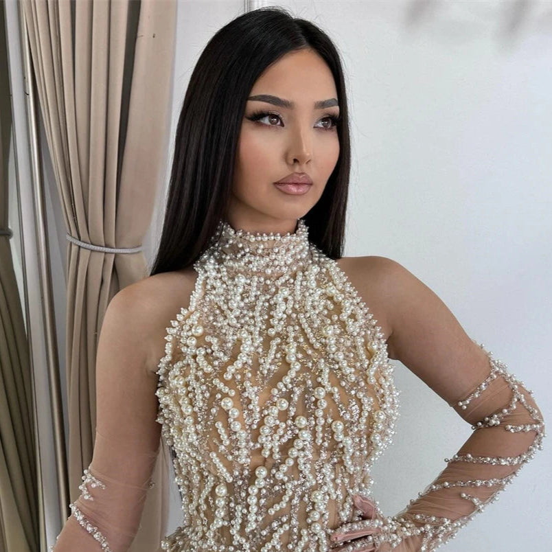 Beaded Nude Mini Dress with High Neck