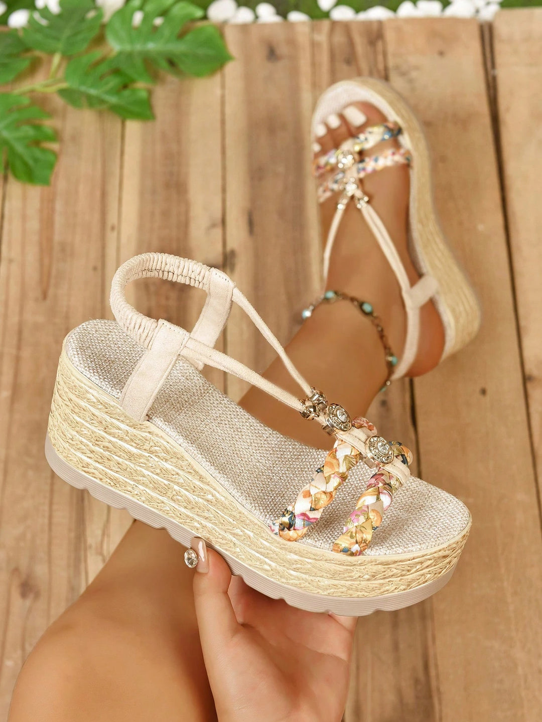  Beaded Woven Slingback Wedge Sandal