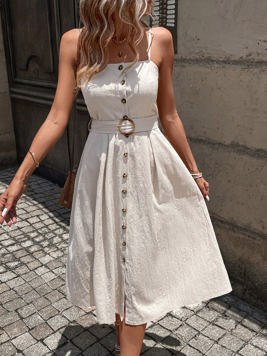  Belted Button Down Linen Midi Dress