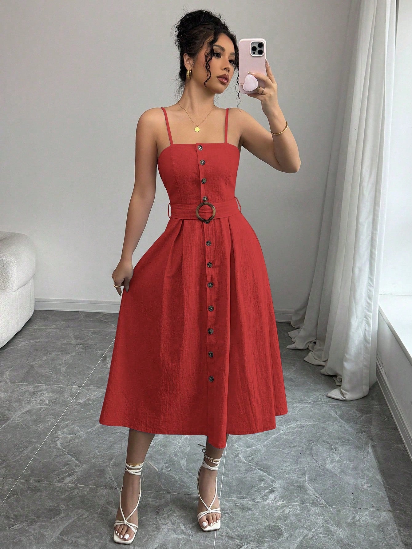  Belted Button Down Linen Midi Dress