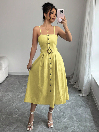  Belted Button Down Linen Midi Dress