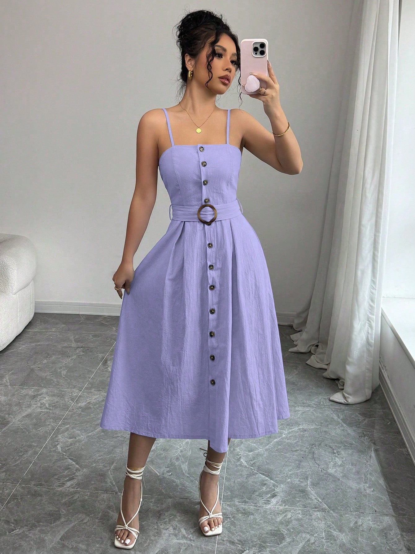  Belted Button Down Linen Midi Dress