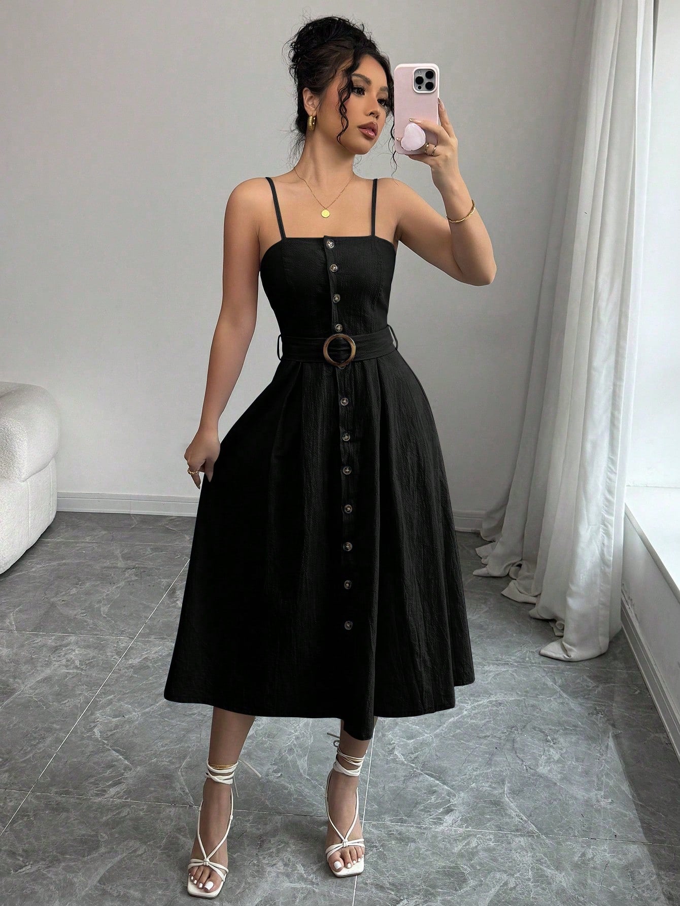  Belted Button Down Linen Midi Dress